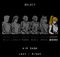 Six half-body portraits in a row, with SHEENA in color, the others gray, and an air-dash ability label below.
