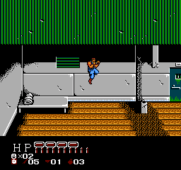 Bart performing an aerial move in the prison camp, with English HP and weapon counters