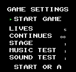 English game settings with five lives and infinite continues