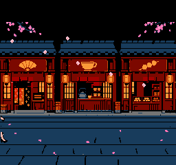 实际 ROM 片头连续片段：女主走在樱花商店街 / Actual ROM opening excerpt in a cherry-blossom shopping street