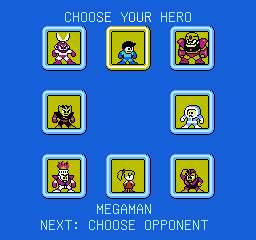 The hero selection screen with Mega Man, Roll and six Robot Masters.