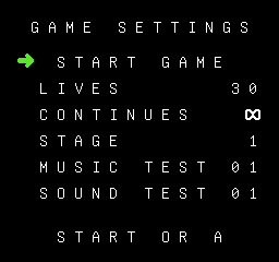 Settings for lives, continues, starting stage, music and sound effects.